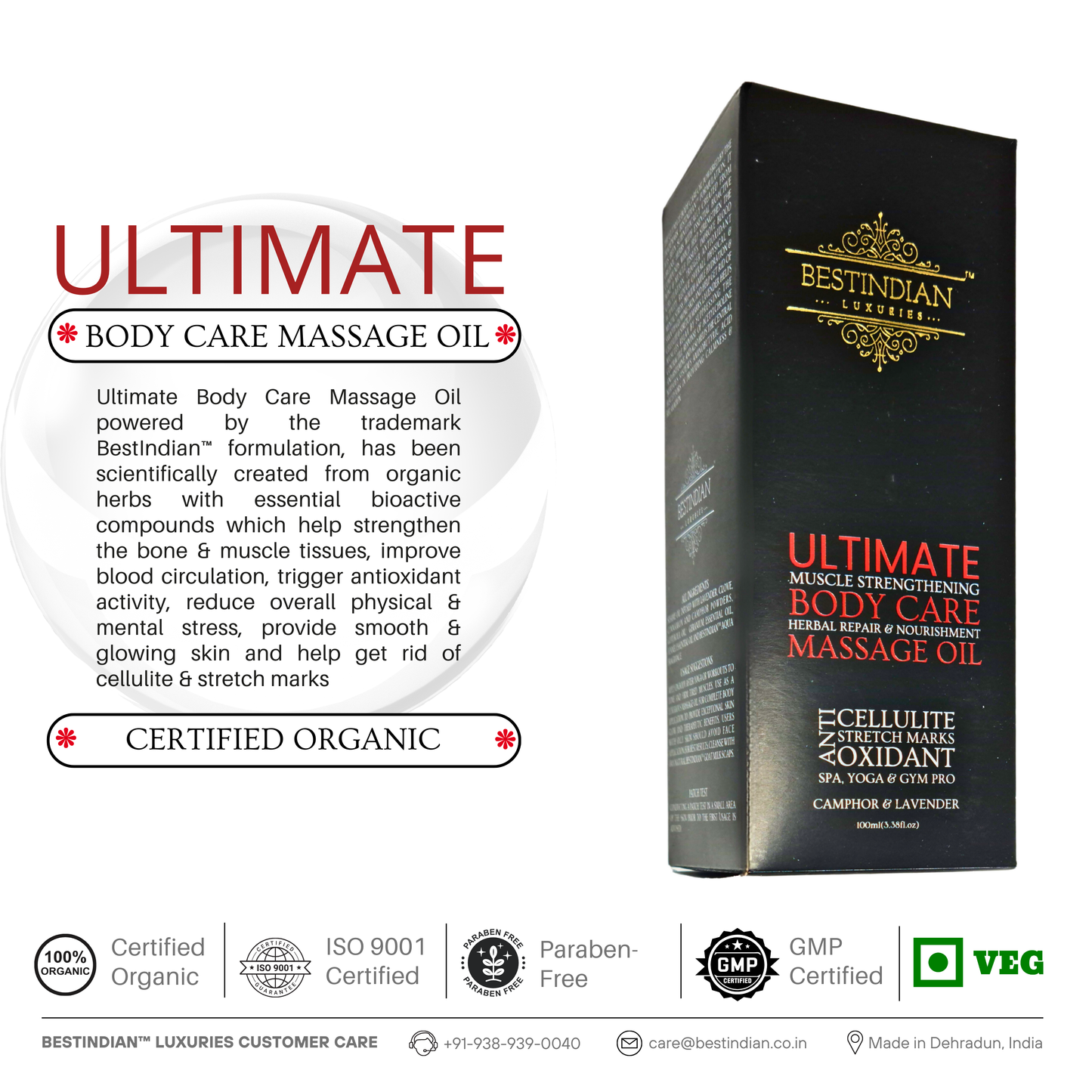 A product shot of BestIndian™ Ultimate Body Care Massage Oil with its certified organic packaging, emphasizing its paraben-free, luxury herbal blend for improving blood circulation, repairing skin’s protective barrier, cellulite and stretch mark reduction, and overall muscle support.