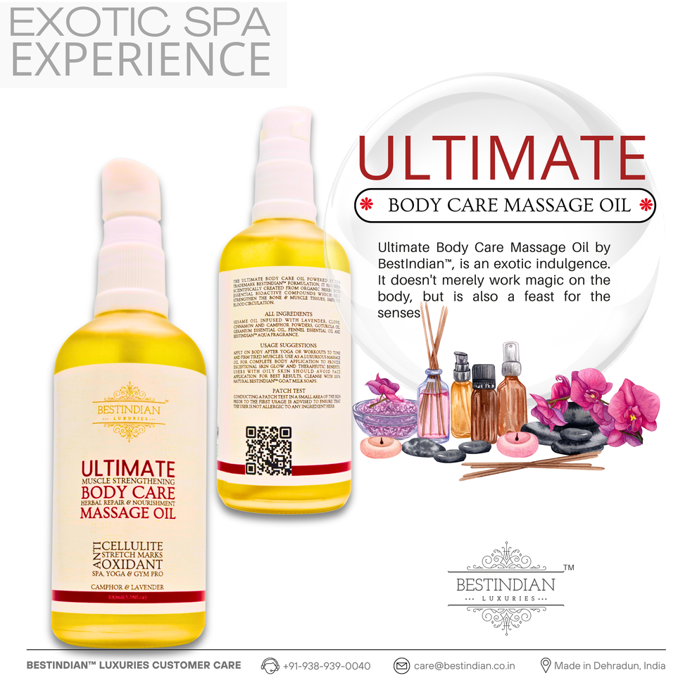 Front and back views of BestIndian™ Ultimate Body Care Massage Oil bottles are paired with spa-inspired decor, emphasizing its exotic spa experience and sensory indulgence as a professional-grade body oil for glowing skin and muscle recovery.