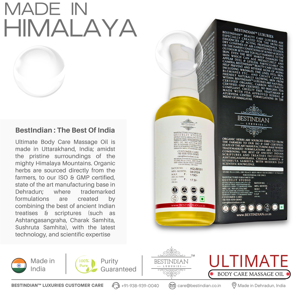 BestIndian™ Ultimate Body Care Massage Oil bottle displayed with its premium packaging, emphasizing authentic manufacturing in Dehradun, Uttarakhand, India, using organic Himalayan herbs for guaranteed purity and highest standards of natural luxury body oil.