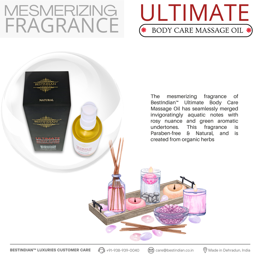 A top-down image of BestIndian™ Ultimate Body Care Massage Oil bottle with its luxury packaging, surrounded by spa accessories to highlight its paraben-free, natural, aromatically floral scent for a soothing, indulgent massage and daily skin nourishment.