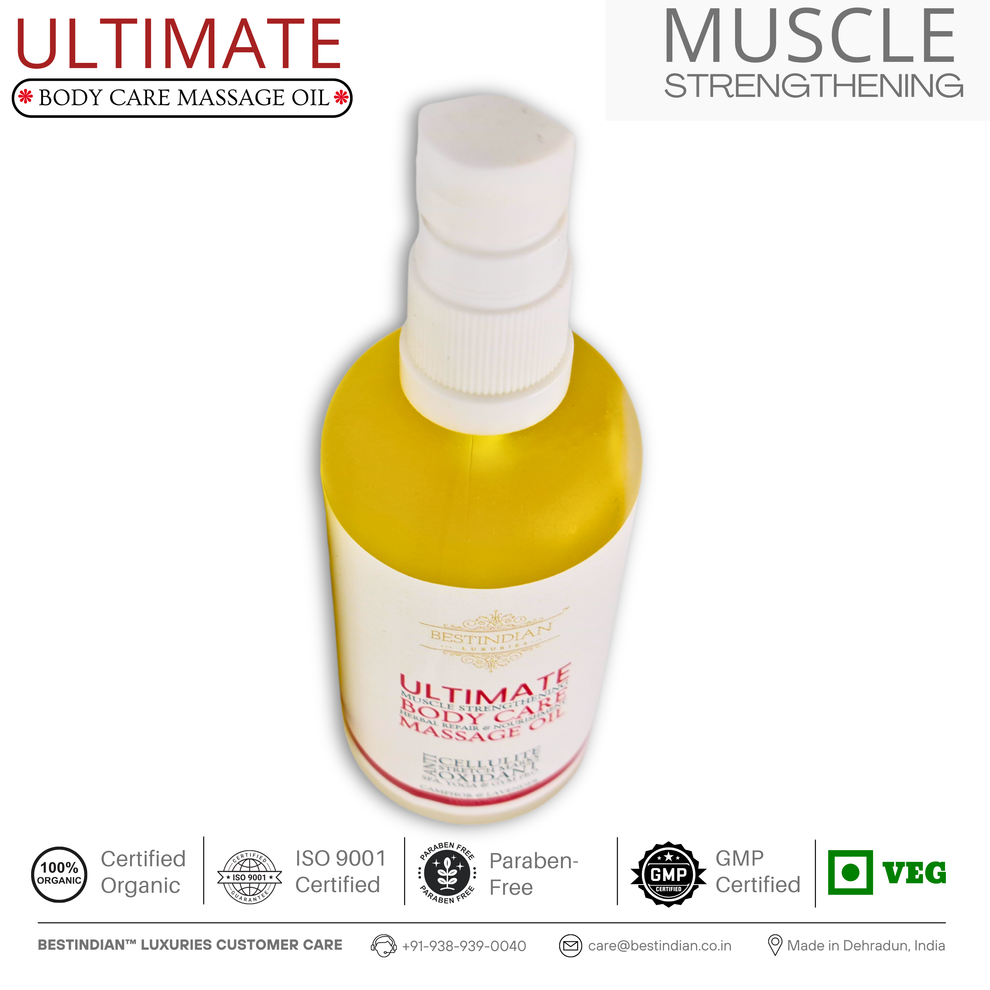 An angled view of BestIndian™ Ultimate Body Care Oil bottle, showcasing its golden herbal blend and championing its key benefit of muscle strengthening for athletes, actors, and wellness seekers seeking certified organic body oil.