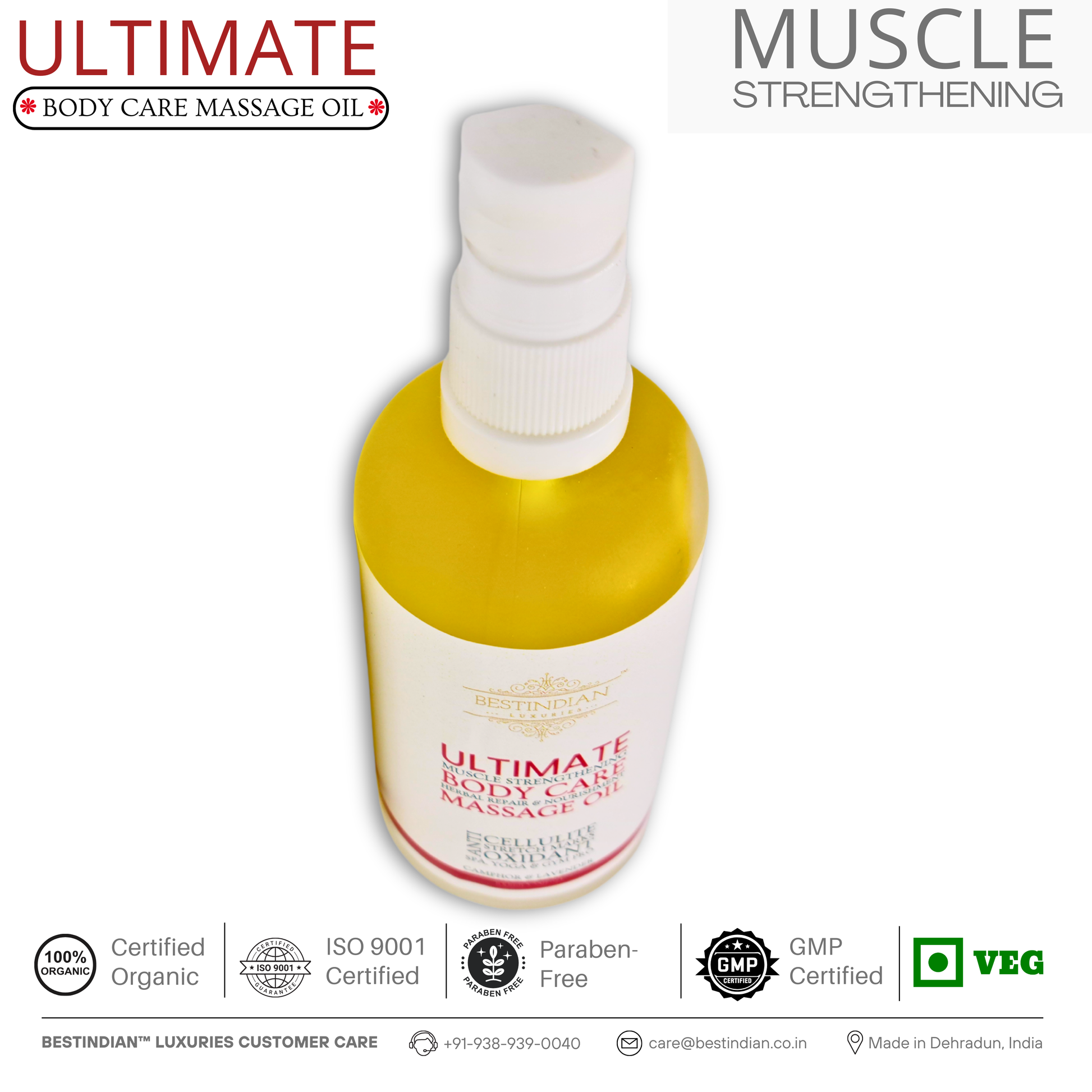 An angled view of BestIndian™ Ultimate Body Care Oil bottle, showcasing its golden herbal blend and championing its key benefit of muscle strengthening for athletes, actors, and wellness seekers seeking certified organic body oil.