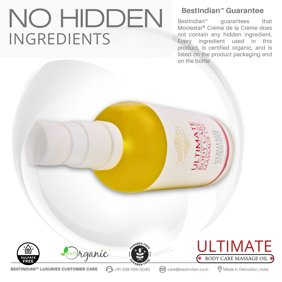 A close-up of BestIndian™ Ultimate Body Care Massage Oil bottle laying on its side, highlighting the golden herbal oil and the brand’s assurance of full ingredient transparency, certified organic and sulfate-free, for total trust and safe holistic massage.