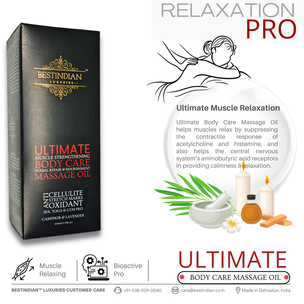 The BestIndian™ Ultimate Body Care Massage Oil packaging is shown alongside a spa-themed illustration, highlighting its ultimate muscle relaxation benefit through bioactive herbal ingredients, ideal for relieving tension and promoting calmness in luxury spa and gym routines.