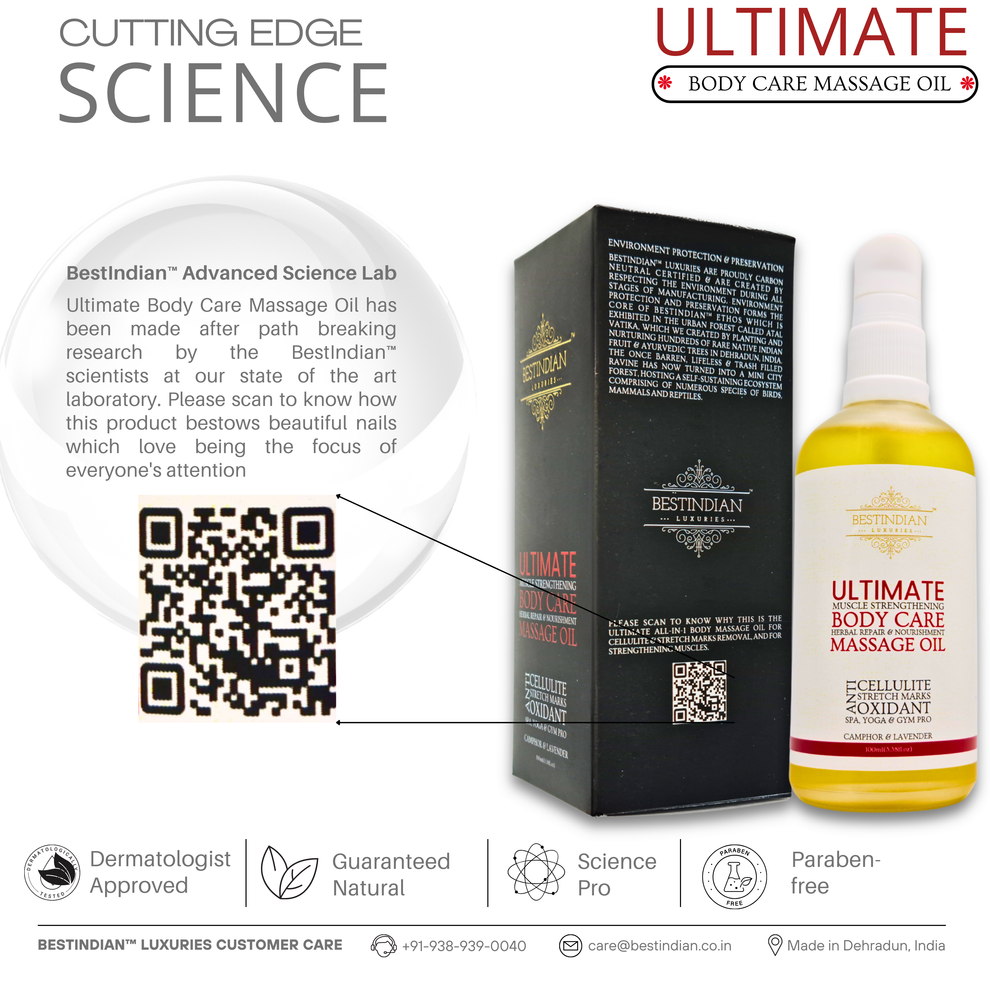 A product image of BestIndian™ Ultimate Body Care Oil with its black packaging and a QR code, signifying dermatologist approval, guaranteed natural composition, and advanced scientific research for a professional massage oil that strengthens muscles and repairs skin.
