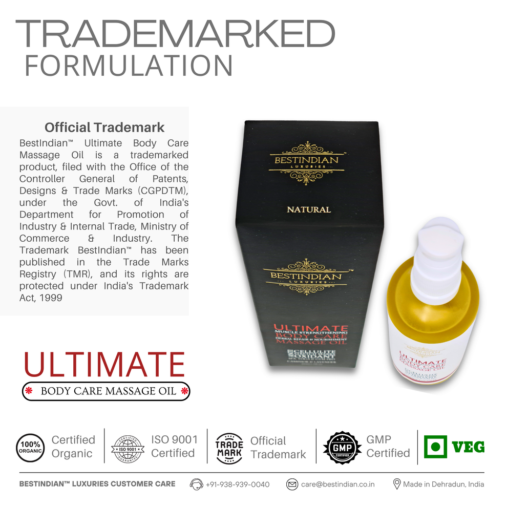 A top-down view of BestIndian™ Ultimate Body Care Oil with its elegant black box, highlighting the official trademarked, certified organic and GMP formulation, created for luxury muscle recovery and professional massage with natural herbal ingredients.