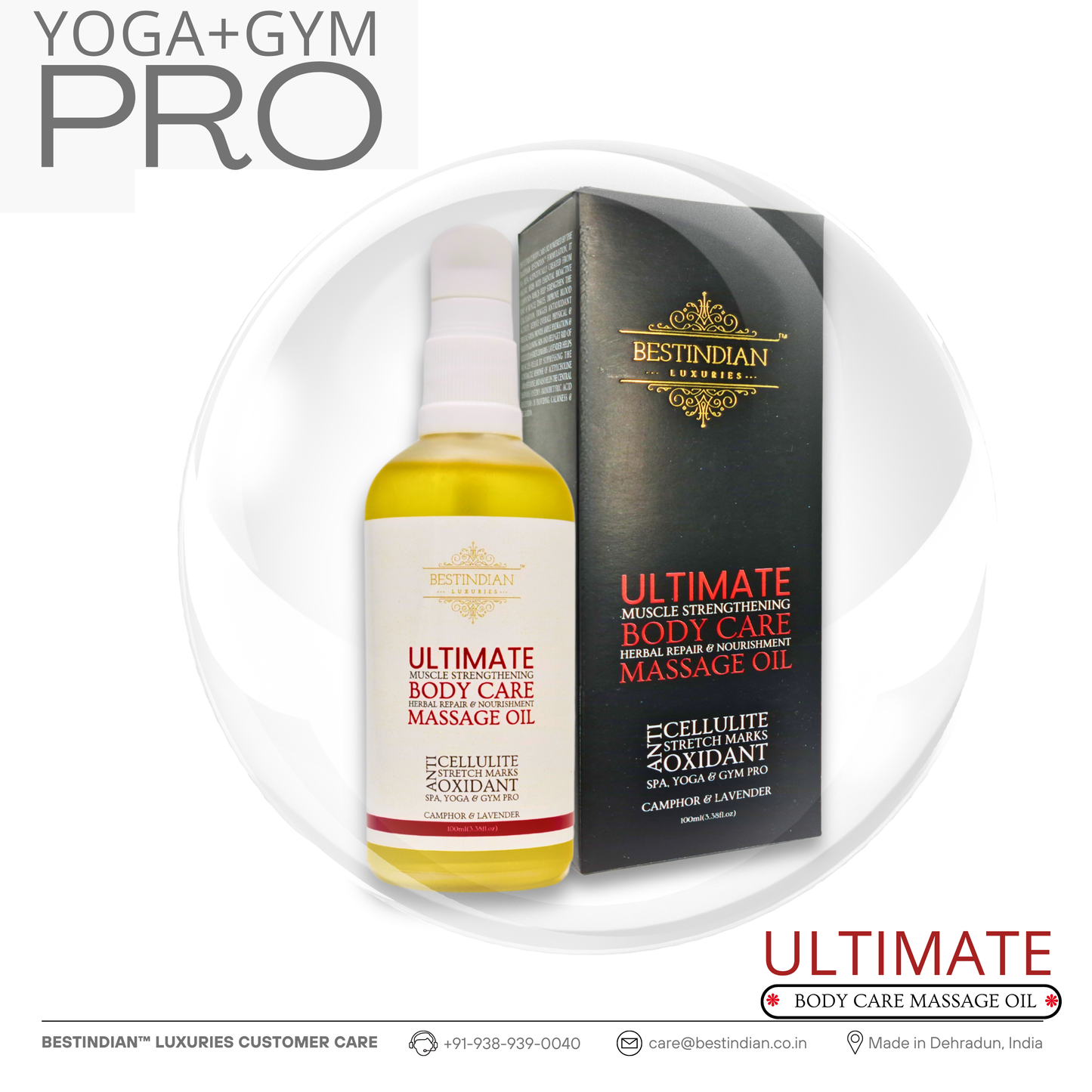 A front-facing image of BestIndian™ Ultimate Body Care Oil bottle and box, reinforcing its yoga and gym pro qualities for increased flexibility, muscle relaxation, and holistic repair, crafted for professionals and daily wellness routines with certified organic ingredients.