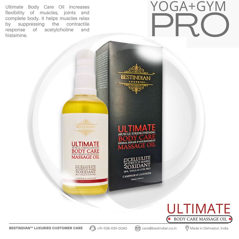 A front-facing image of BestIndian™ Ultimate Body Care Oil bottle and box, reinforcing its yoga and gym pro qualities for increased flexibility, muscle relaxation, and holistic repair, crafted for professionals and daily wellness routines with certified organic ingredients.